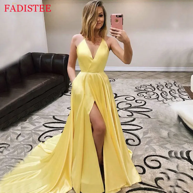 

Sexy Deep V-neck Prom Dresses Formal Simple Satin Evening Dresses High Slit Vestido Noiva Sereia Prom Party Robe De Soiree