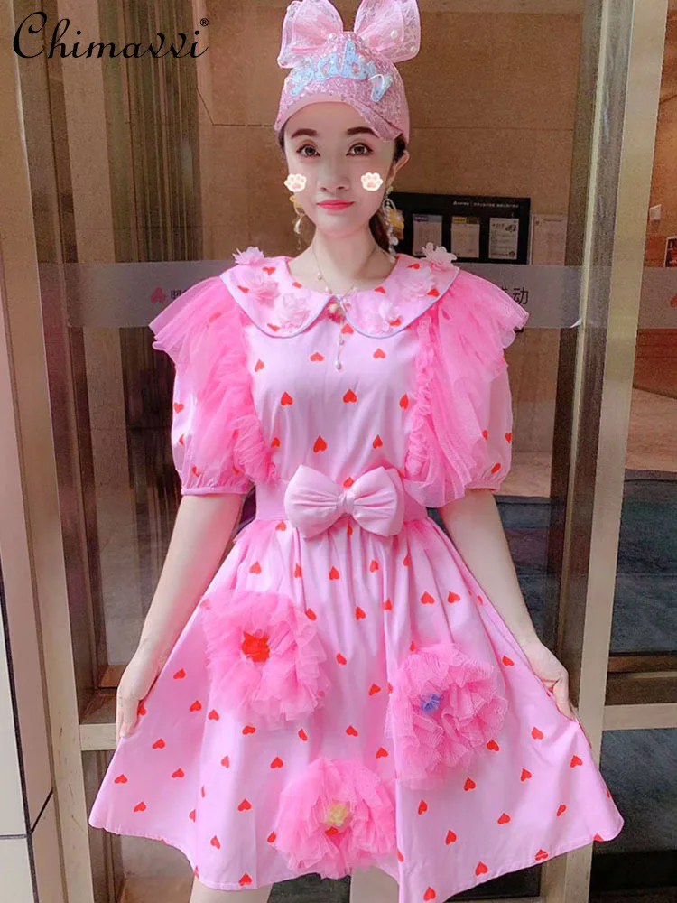 

Женское платье, Новинка лета 2022, корейская мода, милое изысканное короткое темпераментное платье с цветочным воротником и принтом в виде ку...