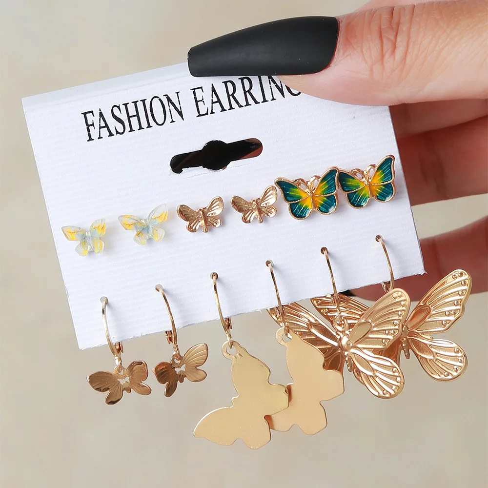 

6 Pairs of Vintage Geometric Metal Pearl Earrings Set Creative Ginkgo Leaf Pendant Earrings Fashion Exaggerated Jewelry Women