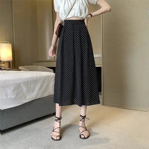 

Korean Fashion Long Business Summer Pleated Elegant Vintage Skirt Women Elastic Chiffon Floral Boho Midi A-Line DOT Skirts 2022