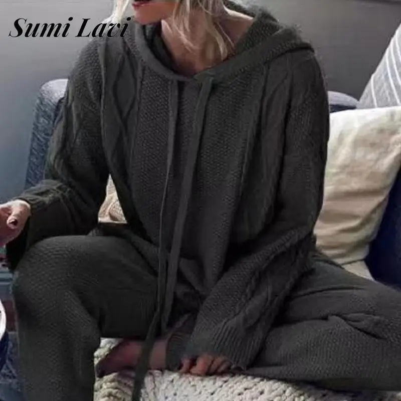 

Осенний модный однотонный свободный свитер, повседневный вязаный свитер с капюшоном и длинные брюки, комплект из двух предметов, женский св...