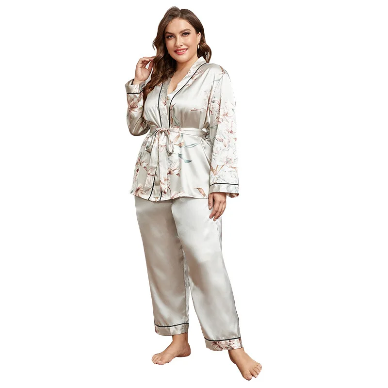 New fashion sexy large size pajama women's cardigan lace-up nightgown pajama pants casual loose luxury home ladies set