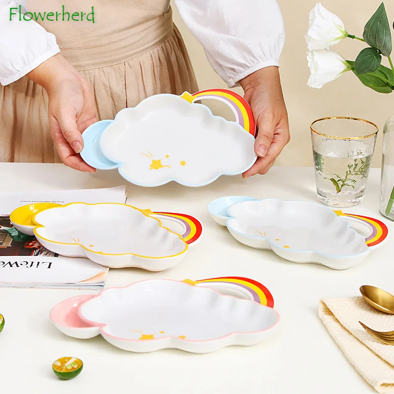 

Фарфоровая тарелка с радужным облаком, креативная ручная подглазурная роспись, обеденные тарелки, милая домашняя тарелка для овощей, фруктов, пельменей, суши
