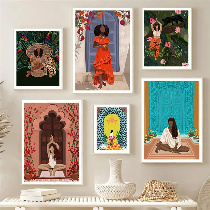 

Abstract Fashion Girl Yoga Canvas Painting Leopard Tiger Animal Poster Wall Art for Living Room Decoration Home Decor Picture