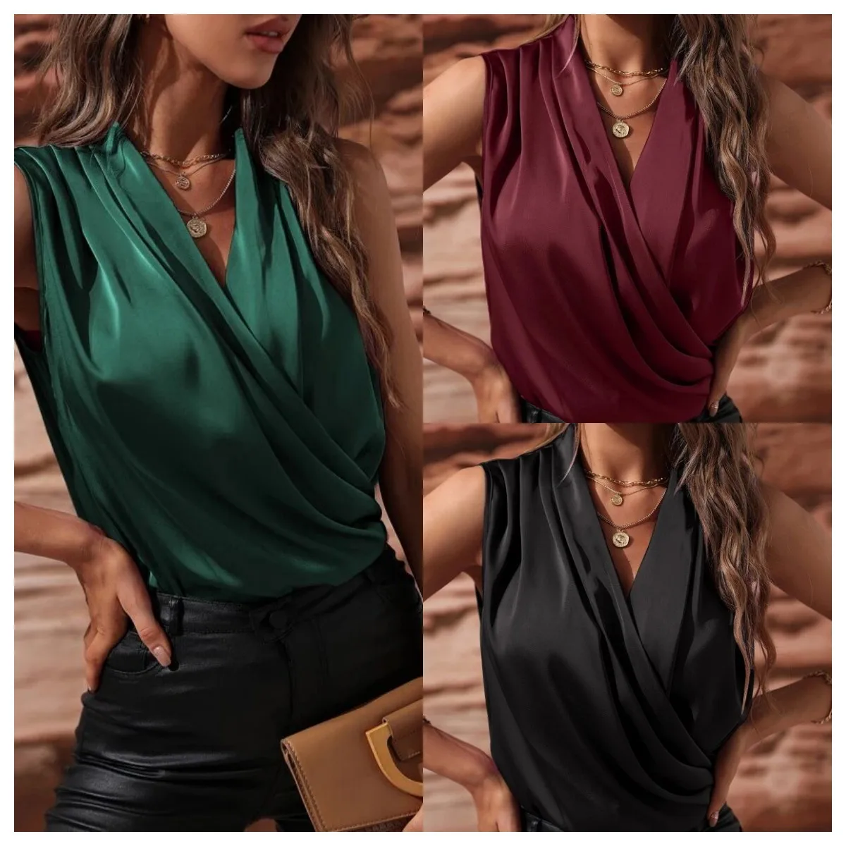 Women's new spring/summer 2023 V-neck satin solid pleated overlapping collar sleeveless satin shirt