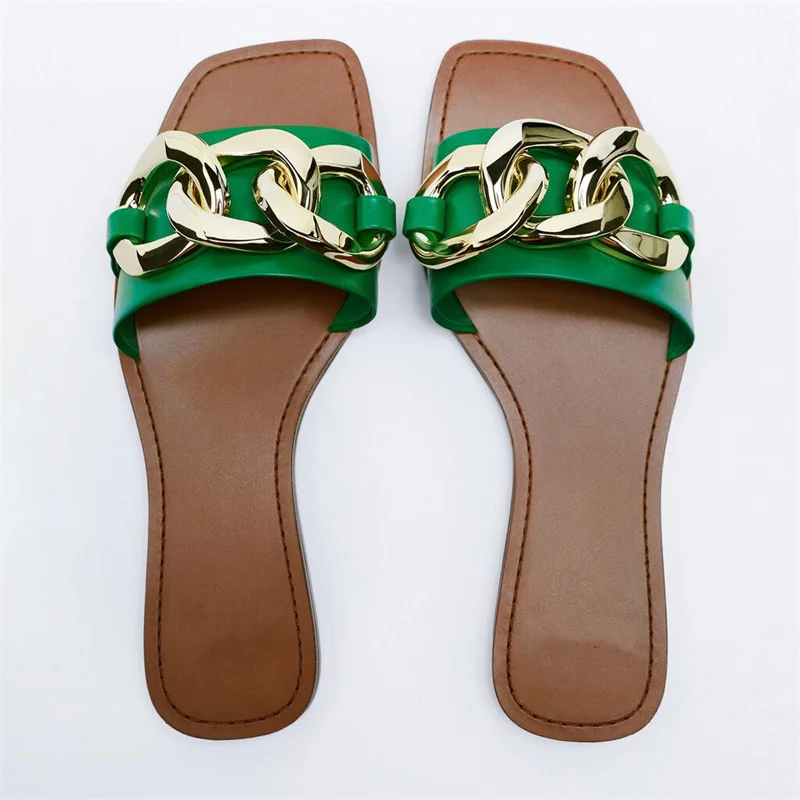 

Сандалии женские без застежки, босоножки на плоской подошве, с открытым носком, с металлической цепочкой, зеленые, лето 2022