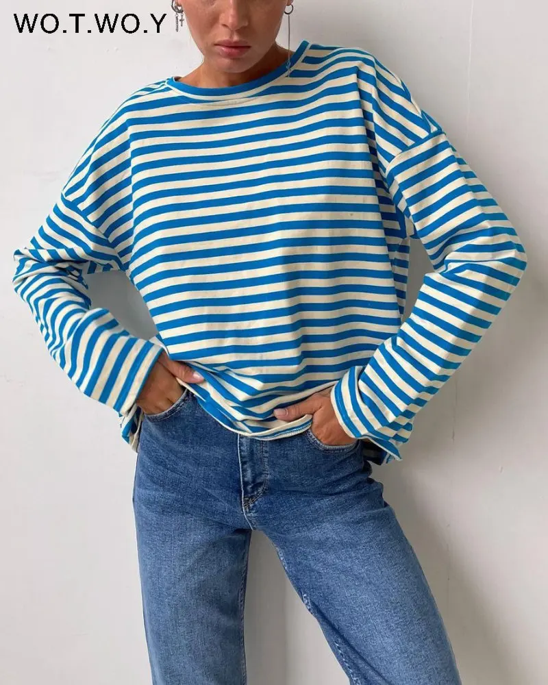 

WOTWOY Summer Striped Long Sleeves T-Shirts Women 2023 Spring Soft Cotton Knitted Tee Shirt Female Basic Loose Y2k Tops Goth