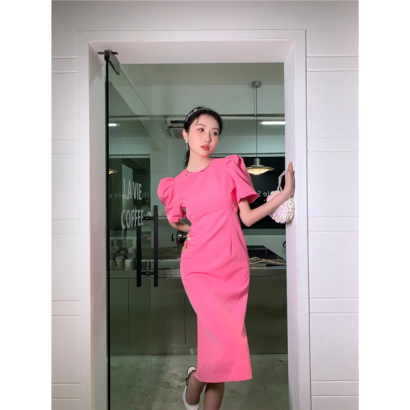 

Women French Pink Dress Sexy Backless Bow Puff Short Sleeve Casual Fashion High Waist Baggy Slit Long Skirt Ladies Summer