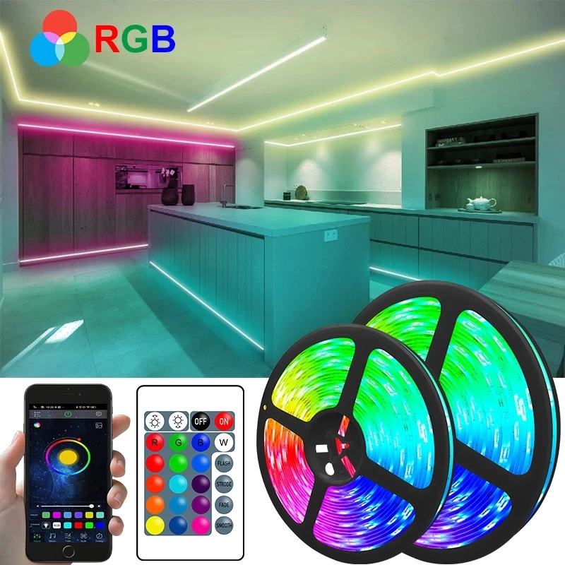 

Светодиодные ленты с Bluetooth и Wi-Fi контроллером, гибкая декоративная RGB лампа для задней светильник ели, носветильник светящийся шнурок для спальни.