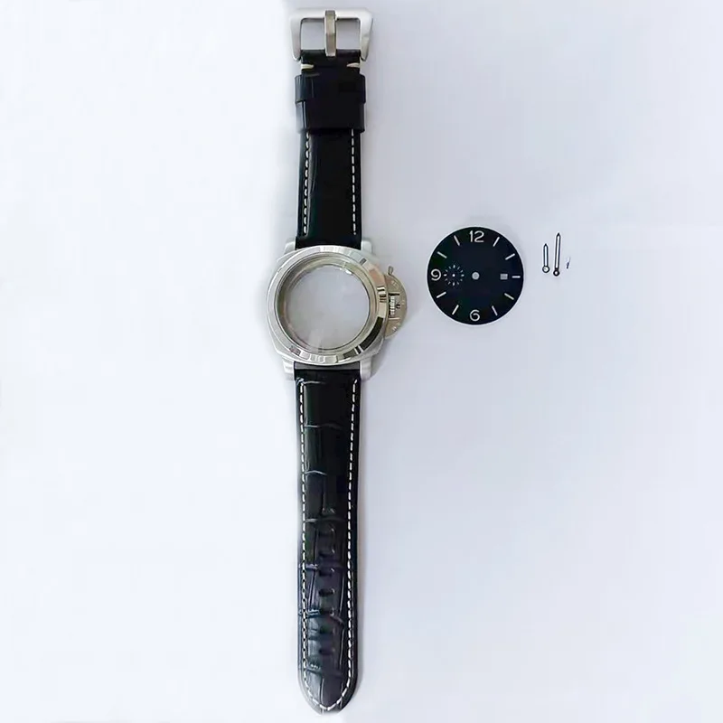 

45MM Watch Accessories Case Dial Hands Strap Set FIT MIYOTA 8215 Automatic Movement Men's Watch Parts Transparent Case Band Kit