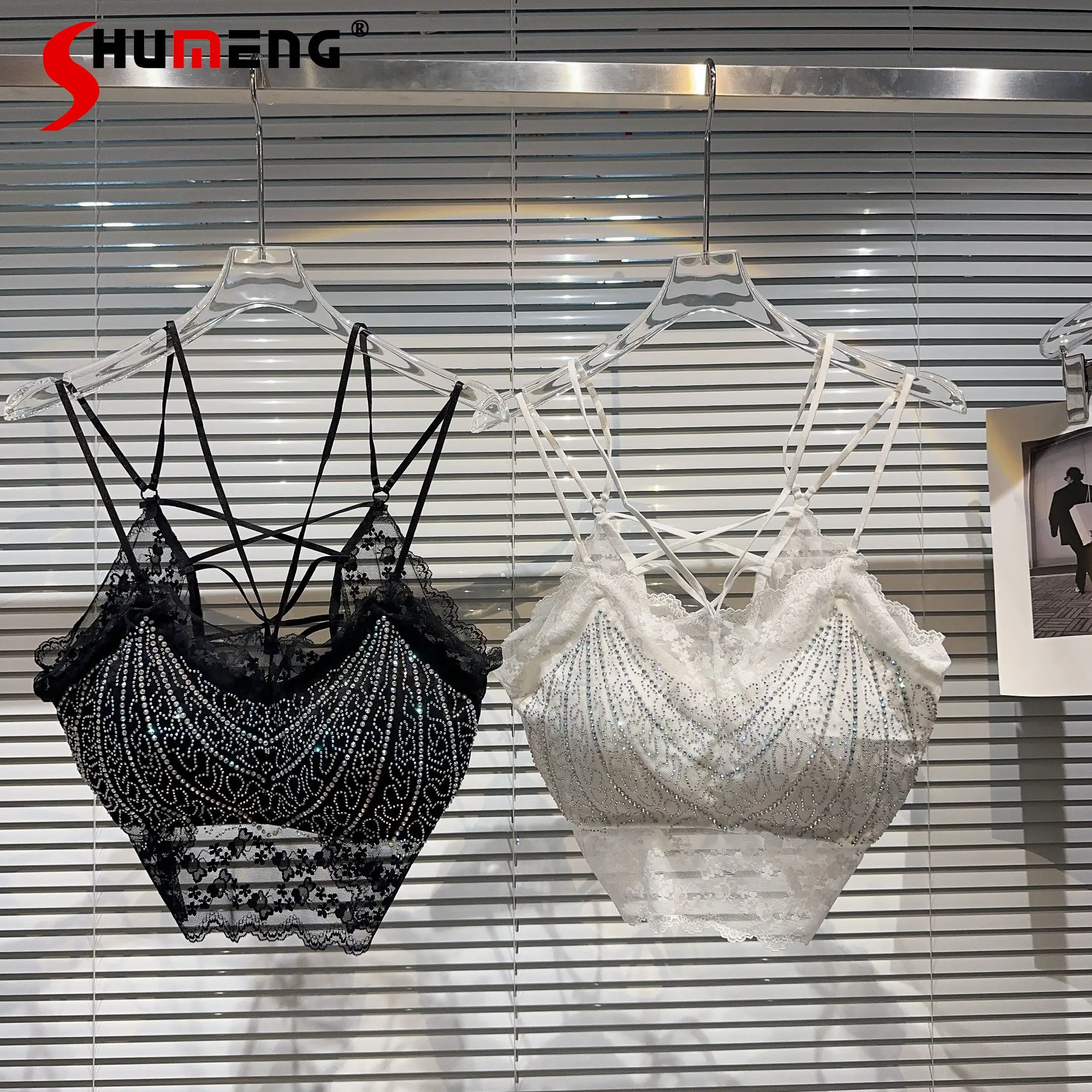 

Women's Bottoming Vest 2023 Summer New Sexy Crop Tops Socialite Full Rhinestone Wave Lace Edge Chest Pad Slim Underwear Sling