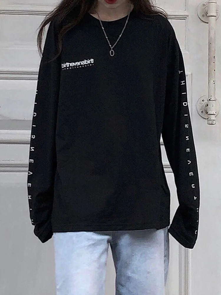 Autumn tshirt Casual Letter Print O-Neck stripe Tees Creativity Loose T-Shirts Women Long Sleeve Oversize top Hip Hop Streetwear