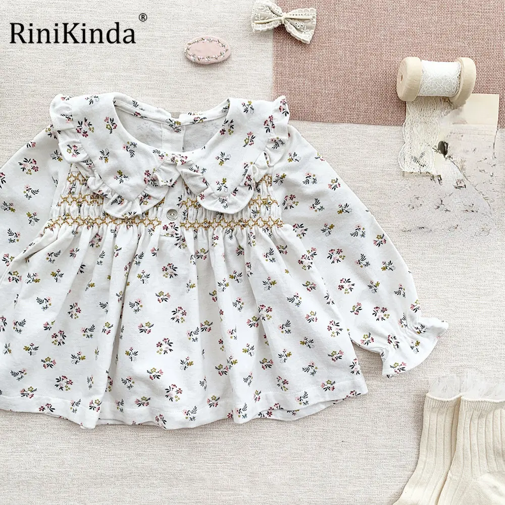 

RiniKinda Baby Girl Shirt 2022 Autumn Korean Long Sleeve Floral Girl's Shirt Lapel Pleated Cute Girl Baby Shirt Blouse Tops