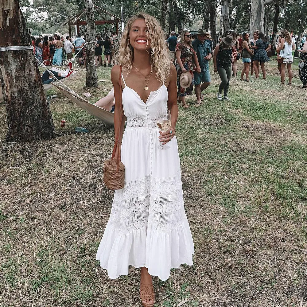 

2022 Fashion Boho Long Maxi Dress Summer Ladies Sleeveless White Beach Dress Evening Party Casual Dresses Vestidos