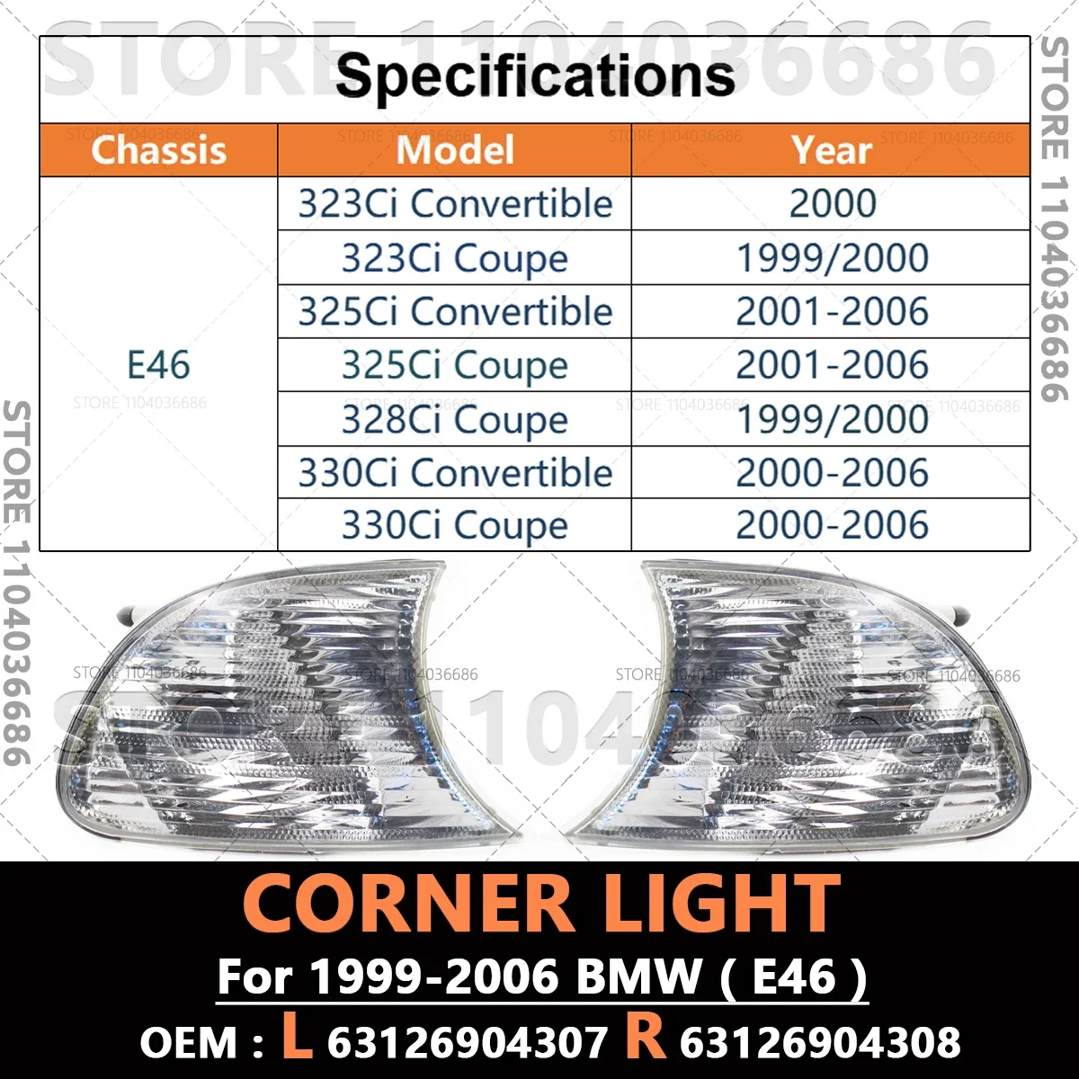 Фото Для BMW 323Ci 325Ci 328Ci 330Ci E46 1999-2006 гг., указатель поворота, мигалка, угловой парковочный фонарь 63126904307 63126904308 №2