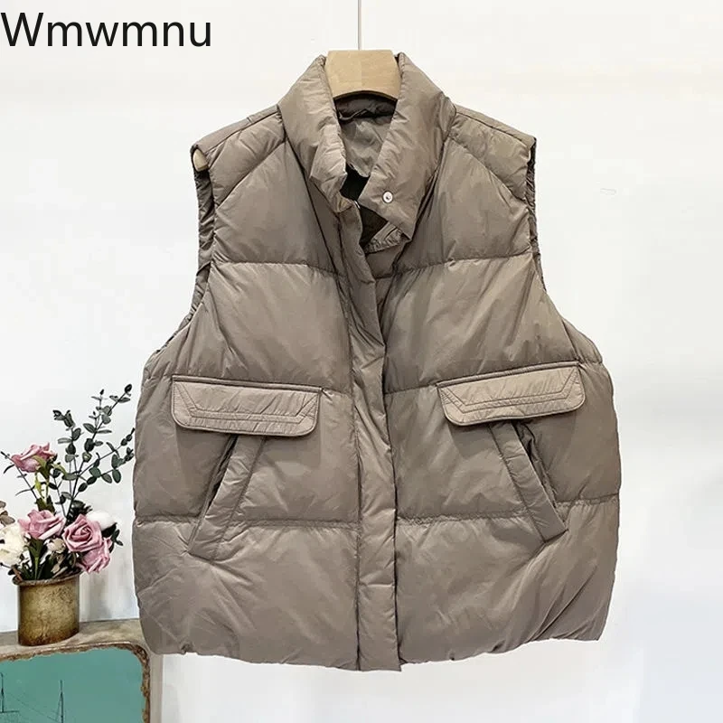 

Casual Stand Collar Cropped Sleeveless Parkas Winter Basic Puffer Coat Warm Waistcoat Super Light White Duck Down Vests Women