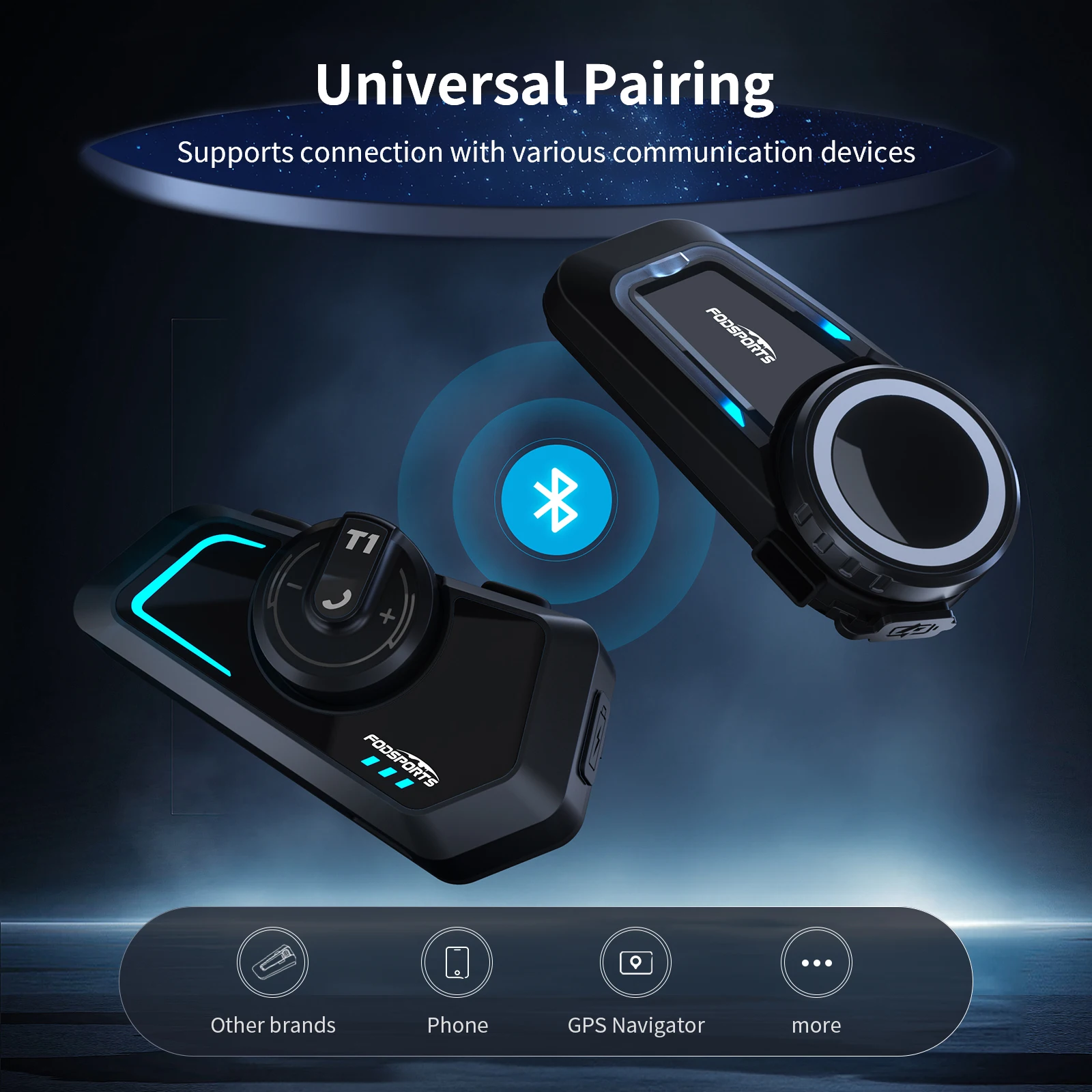 Мотоциклетный домофон Fodsports T1, Bluetooth-гарнитура для шлема, 1000M, BT5.4, FM-радио. (art.: 3920ce6f333dc) - 3920ce6f333dc