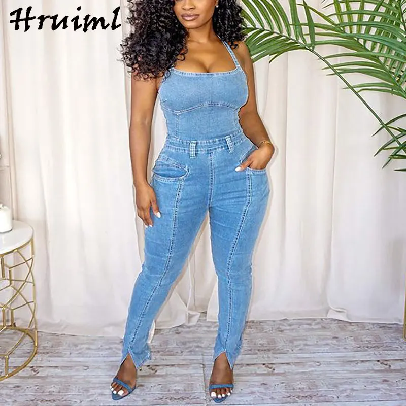 

Denim Bodycon Jumpsuit Fashion One Piece Outfit Spaghetti Strap Overalls for Women Summer Sexyskinny Bodysuit Vintage Streetwear