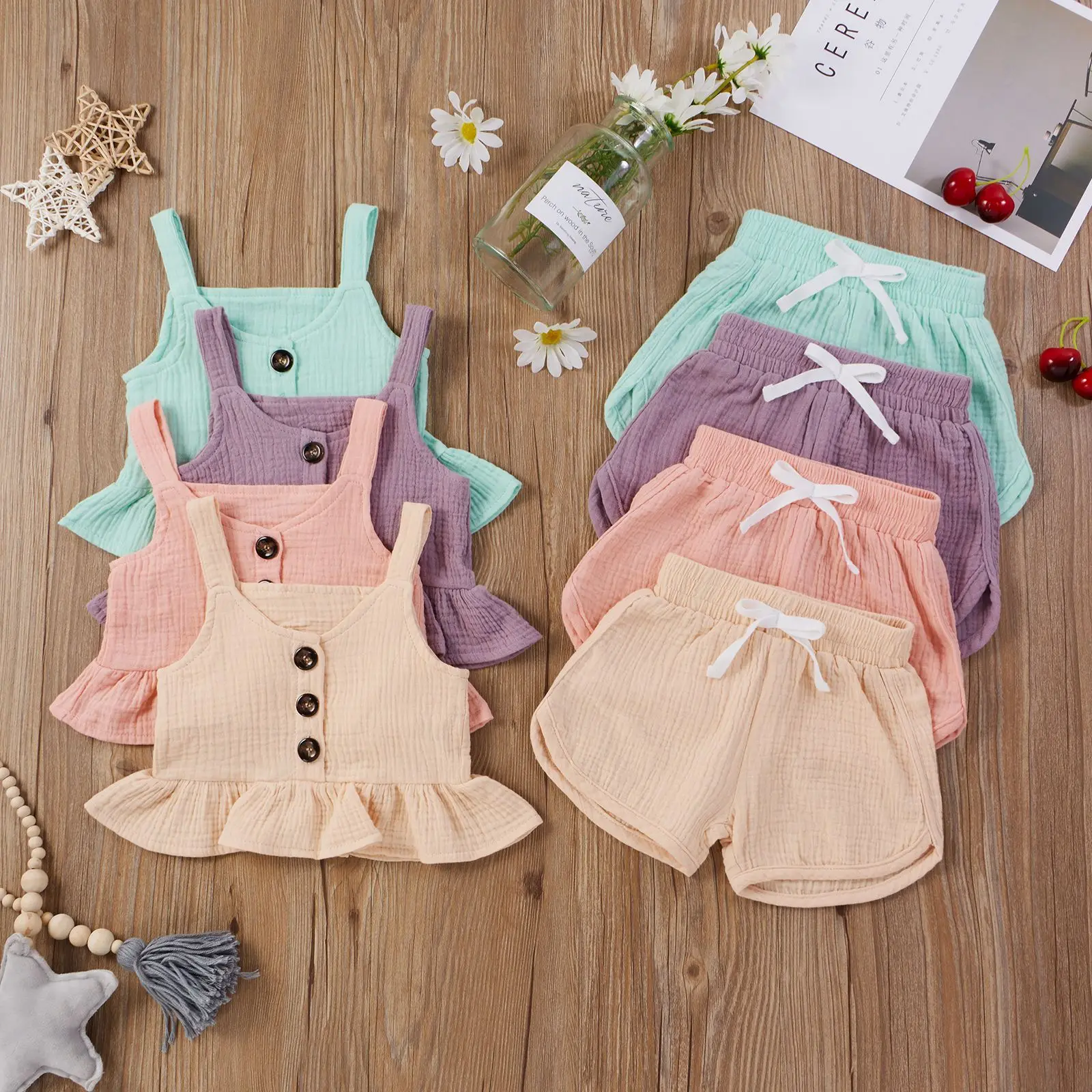 Children's clothes middle and small children's suspender Top + shorts cute two-piece children's Suit Girls' clothes