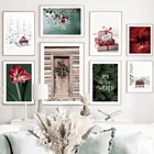 Рождественские сани красный амарилис снег сосновая дверь венок скандинавский постер настенный художественный Принт Холст Картина декор картины для гостиной