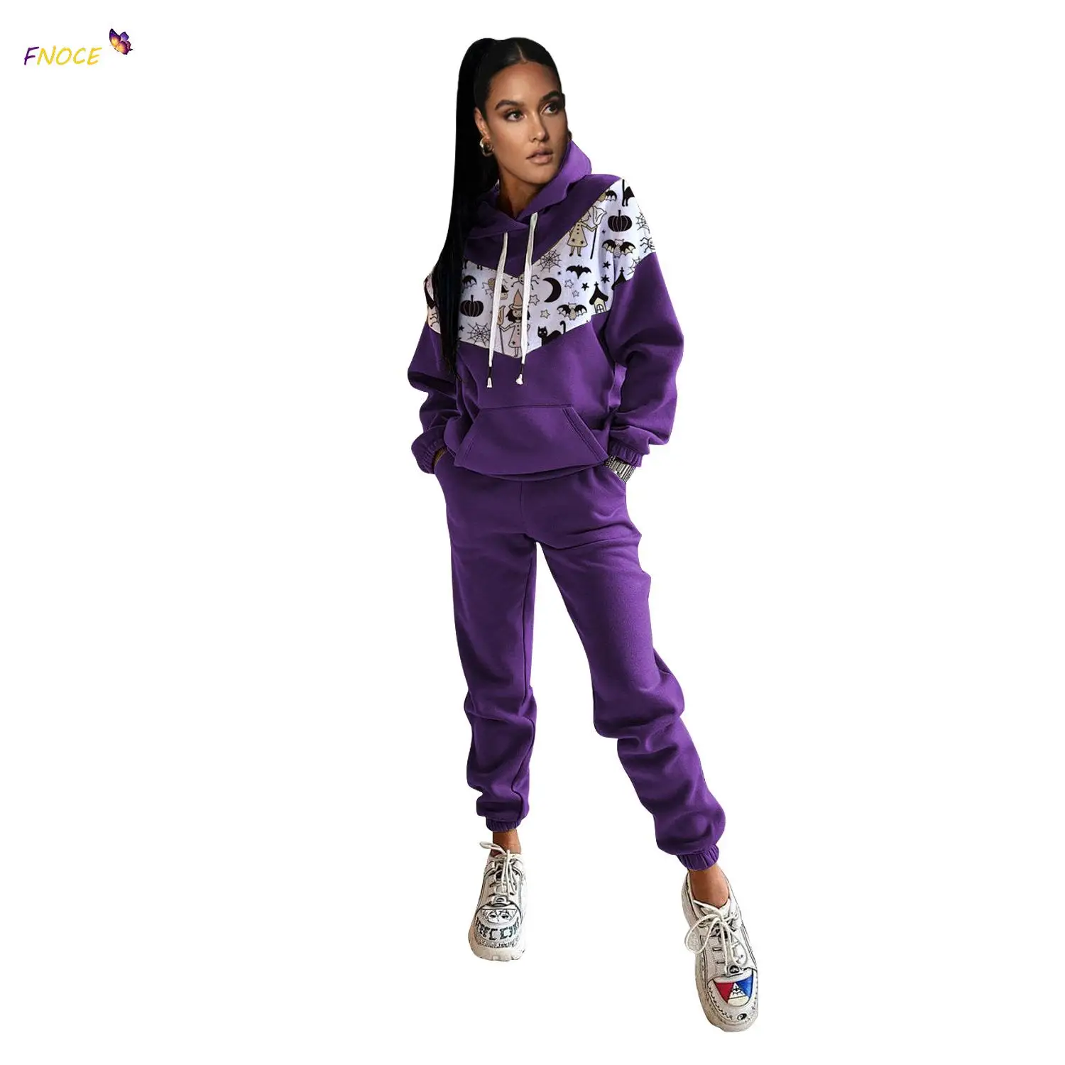 

FNOCE Streetwear Women Sportswear Autumn 2023 Two-Piece Sets Long Sleeve Print Stitching Hoodie Loose Urban Sports Casual Suit