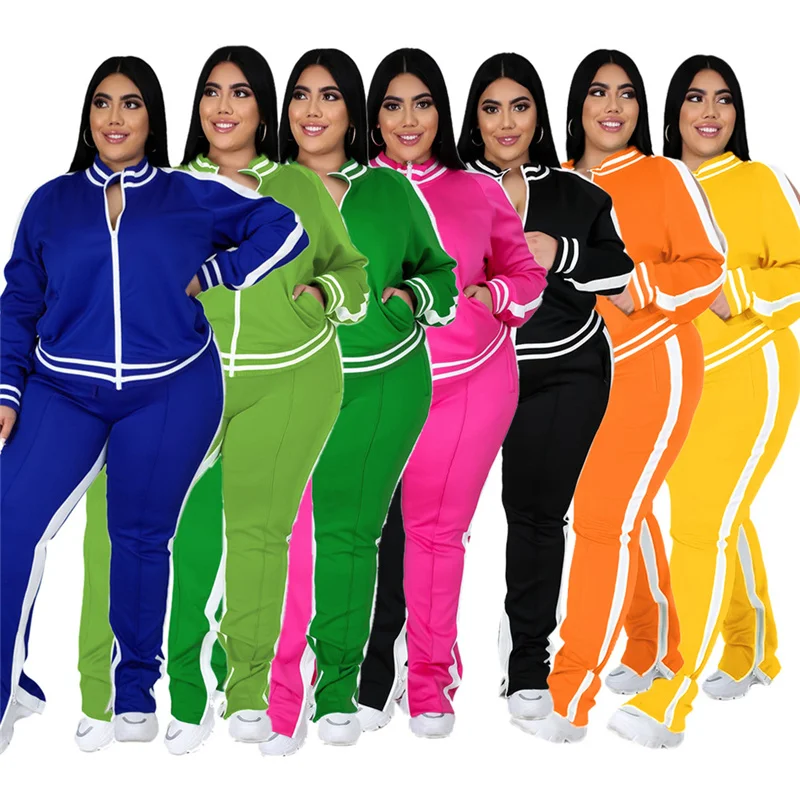 Plus Size L-5xl Two Piece Set Women Sweatsuit Zip Striped Top Slit Sweatpants Jogger Outfit Matching Set Whol 3xl 4xl 5xl 6xl