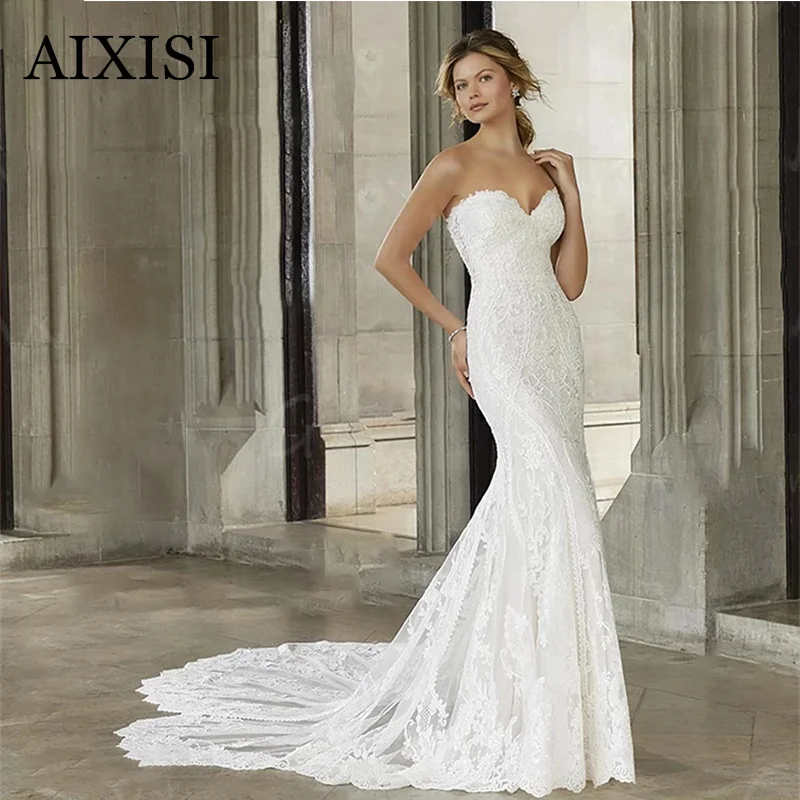 

AIXISI Elegant Mermaid Wedding Dress Strapless Bride Vestidos De Novia Backless Robe De Mariee Sleeveless Appliques Lace 2023