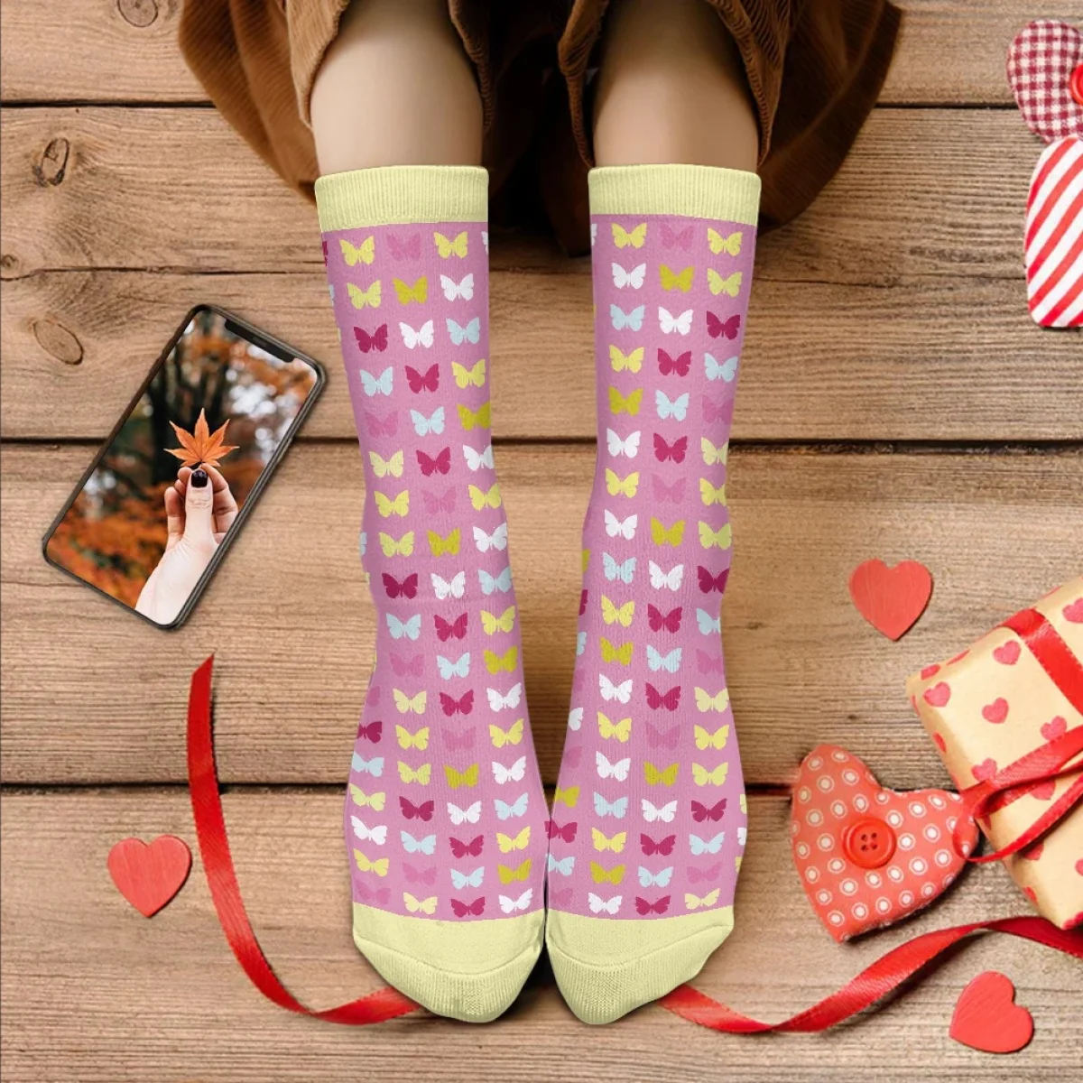 

Женские носки средней длины с рисунком бабочки, на весну, лето и осень