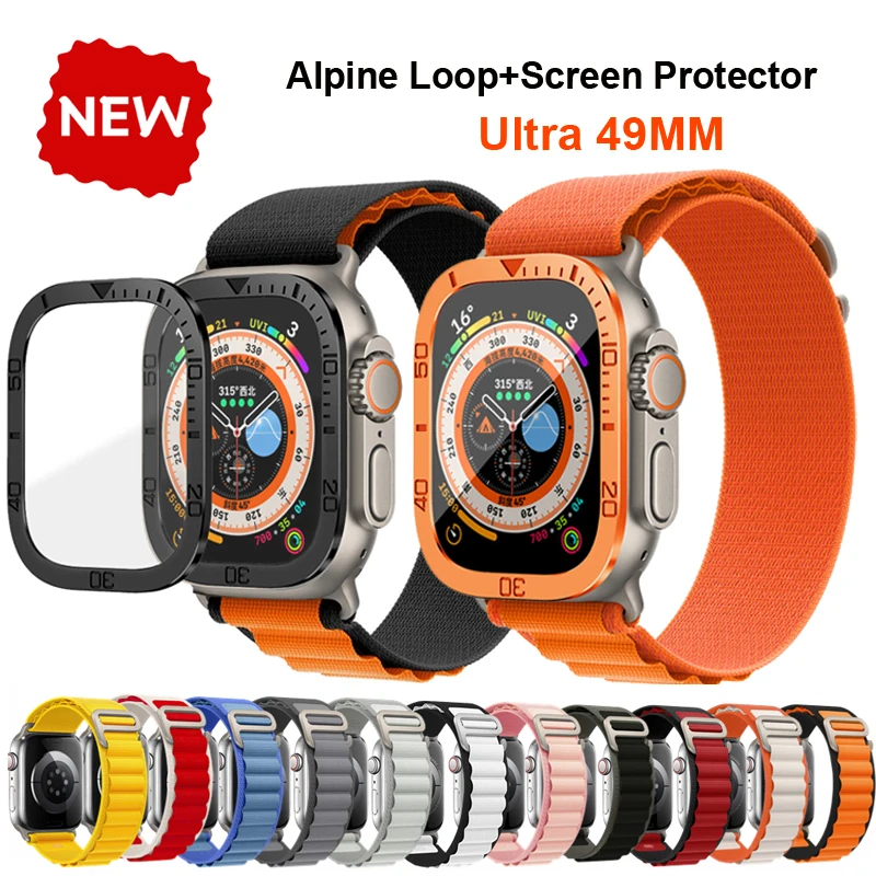 

Alloy Metal Dial Mod Frame Tempered Glass Screen Protector Film Alpine Loop Strap For Apple Watch Ultra 49mm Nylon Bracelet Band