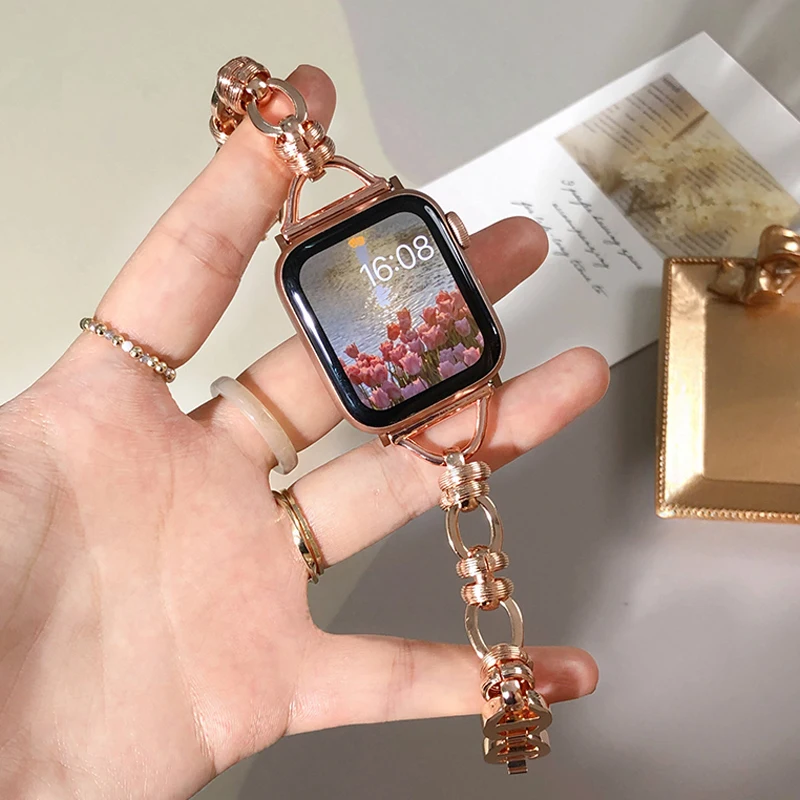 

Тонкий металлический ремешок для Apple Watch Series 41 45 мм 38 42 мм 40 мм 44 мм, тонкий Дамский стальной браслет из розового золота для iWatch 3 6 5 4 2 7