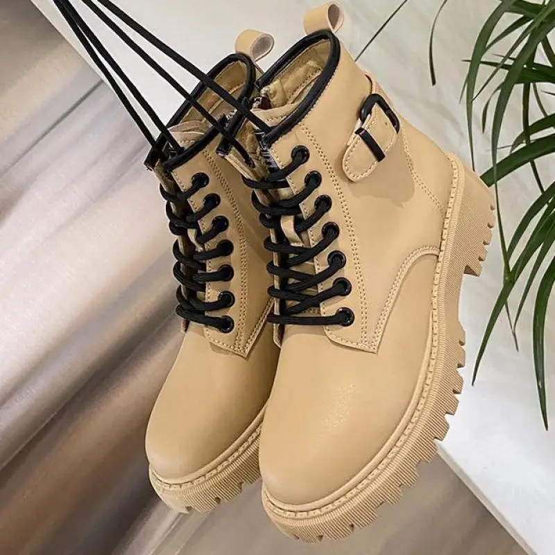 

Женские кожаные ботинки в британском стиле, универсальные мотоциклетные ботинки из искусственной кожи с круглым носком, осень 2022