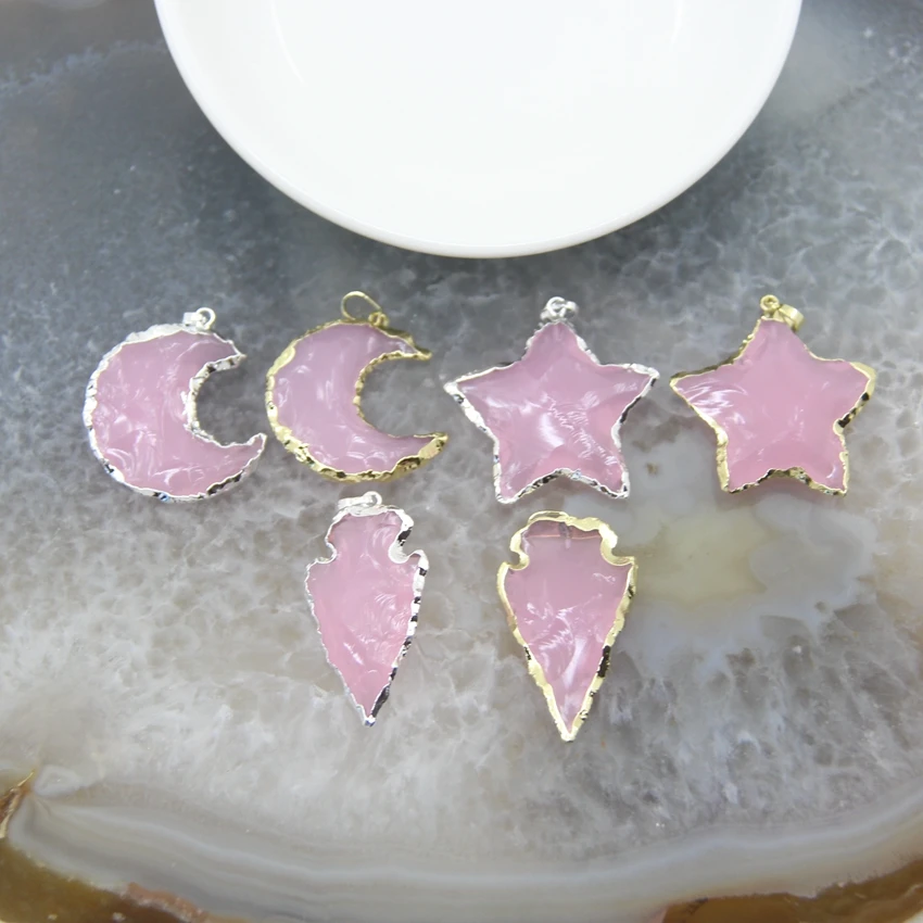 Rough Pink Opalite Pendants Star Moon Rose Crystal Quartz Crescent Arrow Charms DIY Necklace Summer Jewelry Making Accessories