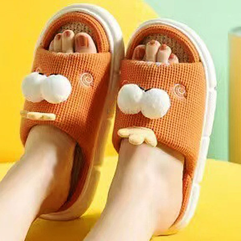 Solid Women's House Slippers Lovely Cartoon Linen Cotton Slippers   Woman Indoor Slippers Female Open Toe Slides All Season