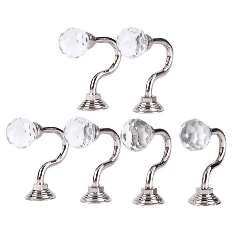 

6Pcs Silver Round Head Crystal Glass Curtain Hold Wall Hook Mounted Tieback Hooks Hanger Holder with Screws