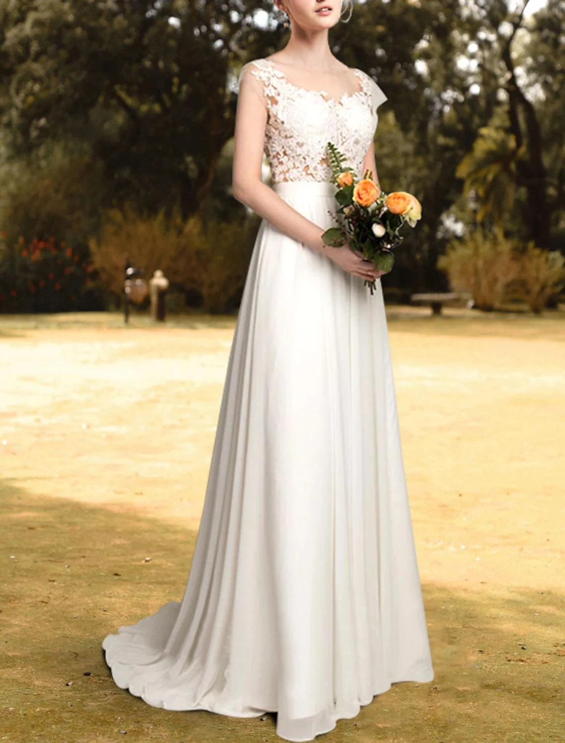 

A-Line Wedding Dresses Sheer Neck Sweep Train Chiffon Lace Tulle Cap Sleeve Beach Bridal Gowns Vestidos De Noiva Robe Mairee