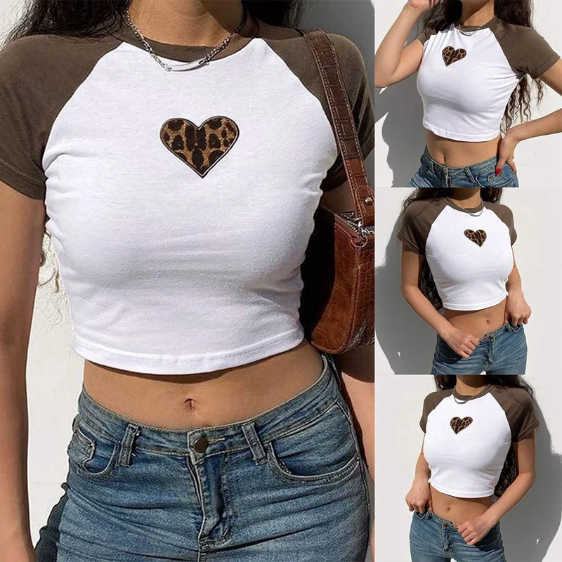 

Women's New Love Printed Contrasting Color Slim Navel Bare T-Shirt White