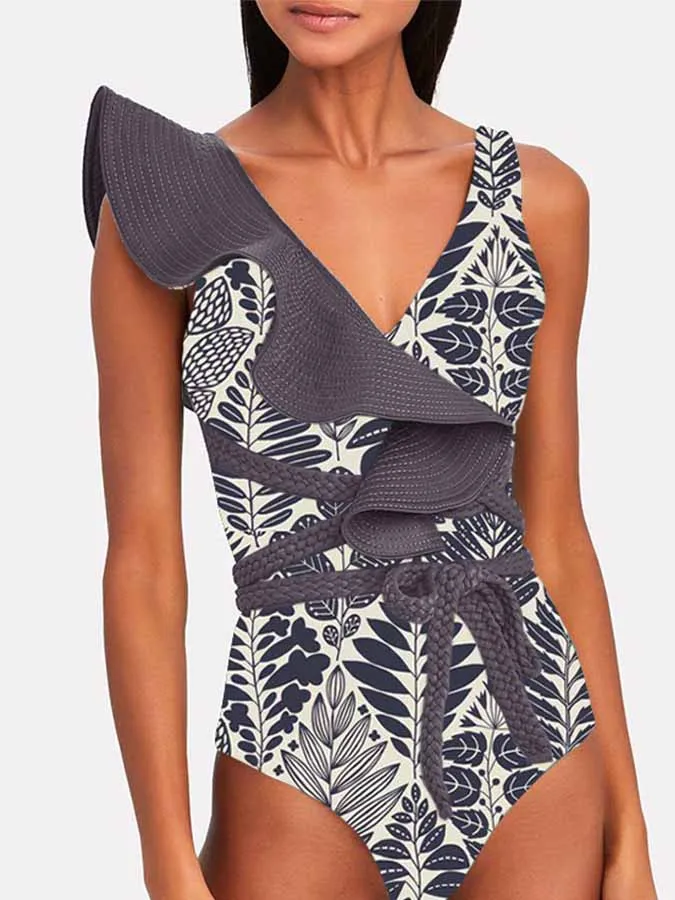 

Deep V-Neck Colorblock Print Ruffle One-Piece Swimsuit Women String Bathing Suit Summer Swiming Suit 2022 Luxury Shorts Bourkini