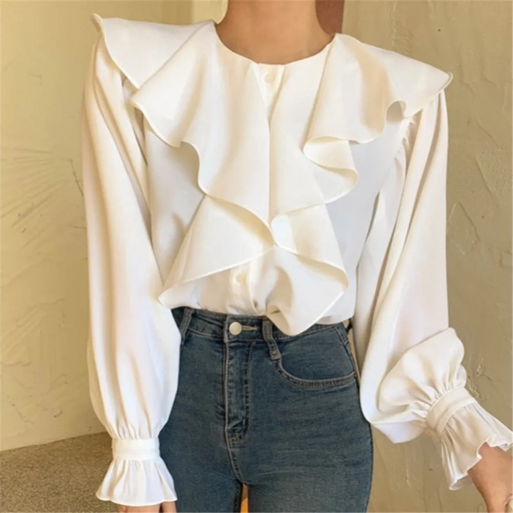 

Women's Blouse Temperament Round Neck Ruffled Stitching Single-breasted Loose All-match Flared Sleeve Shirt Top Japan Korean
