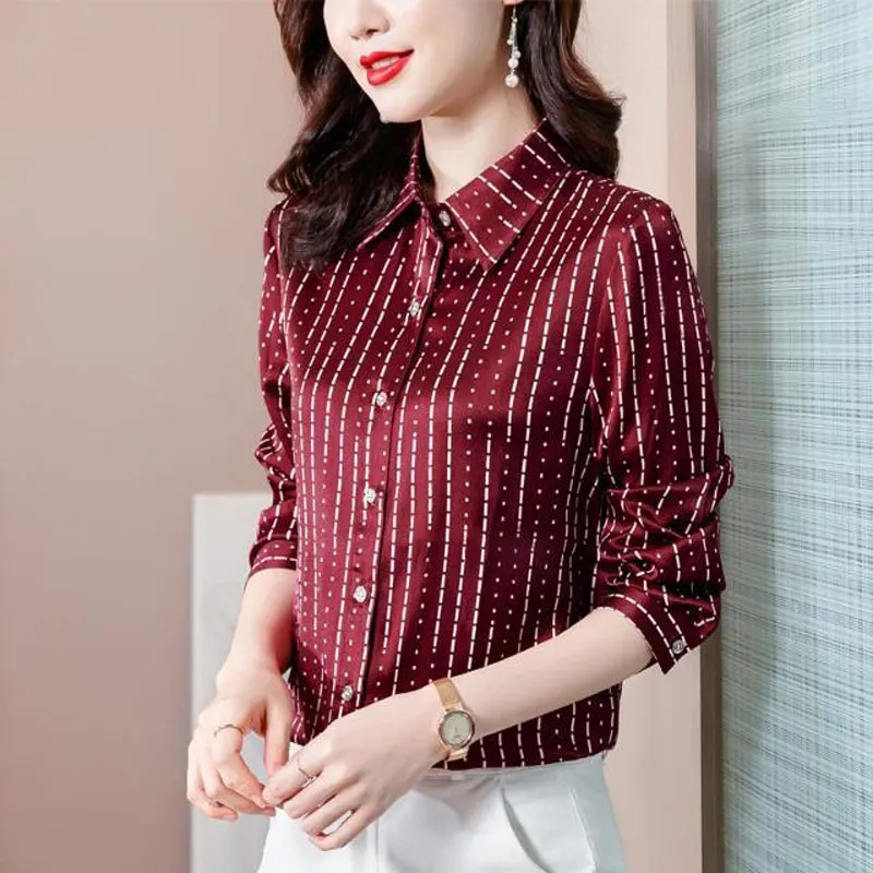 

2023 Commute Striped Printed Shirt Female Clothing Stylish Turn-down Collar Spring Autumn Casual Single-breasted Spliced Blouse