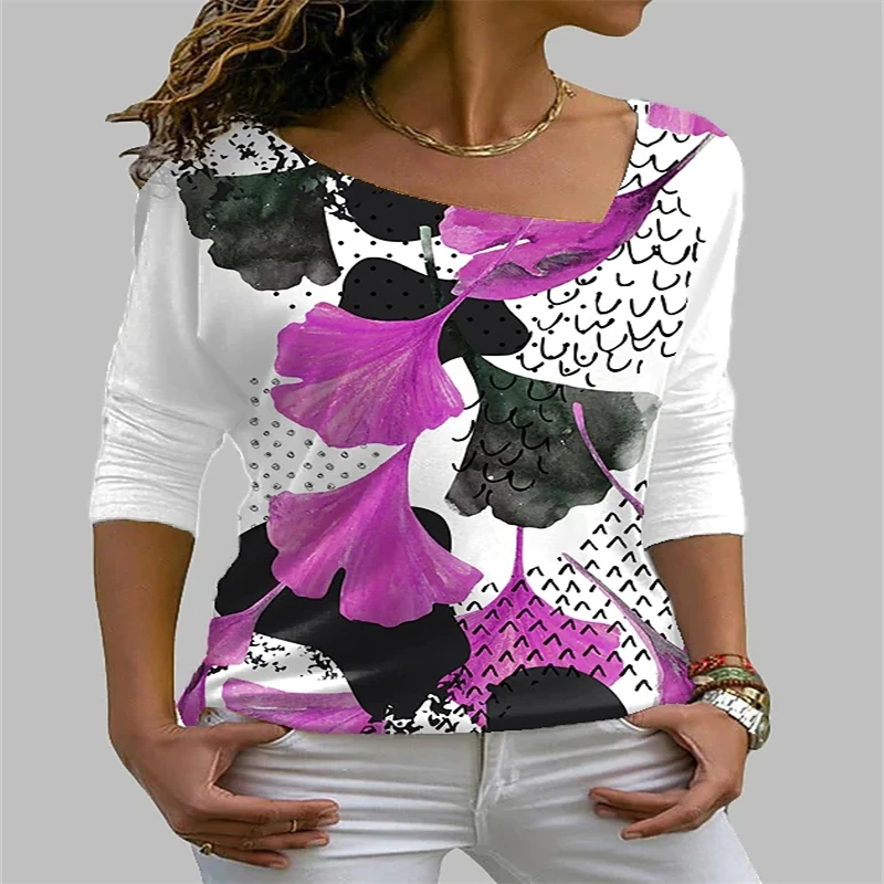 

V-Neck Street Casual Over sized Tops Summer 2022 New Large Size 4XL 5XL Vintage 3D Flower Print Women T Shirt Long Sleeve Loose