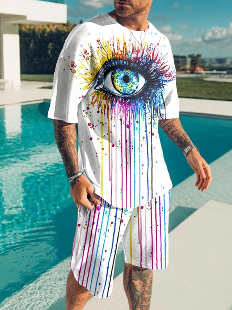 Мужская Летняя одежда 2022 футболка с красочными глазами + шорты спортивный костюм