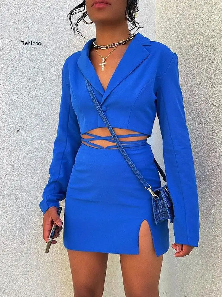 

Official Casual Two Piece Set 2022 Short Top Split Mini Skirt Autumn Dress Sets Suit Elegant 2 Piece Set Women Set