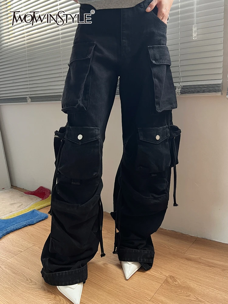 

TWOTWINSTYLE Solid Denim Pants For Women High Waist Full Length Patchwork Pockets Streetwear Cargo Pant Female Fashion Clothing