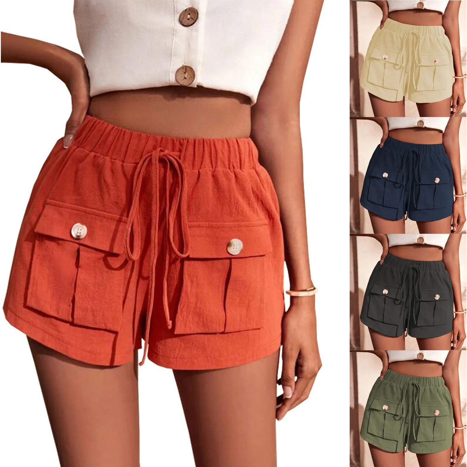 

Women's Linen Shorts Casual Elastic Waist Rope Womens Summer Pants Dressy Casual Pants for Women Navy Blue Dress Pants