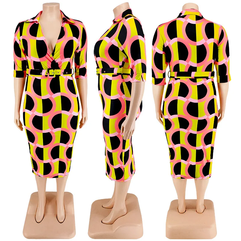 Plus Size Women's Chubby Dress Elegant Party Dress for Women Office Lady V-Neck Knee-length Slim Fit Blet Party Dresses Printing