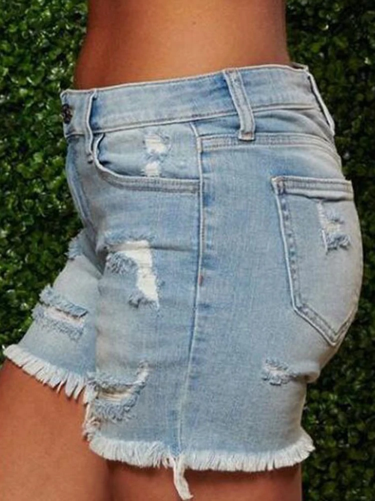 New Deep Color Tassels Shorts Fashion High Street Women's Jeans 2023 Trend With Holes Retro Showing Thin Slim Denim Shorts