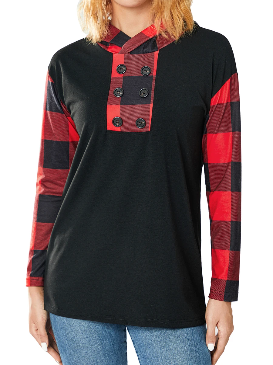

Women Button Neck Hoodie Red and Black Plaid Hooded Sweatshirt Plus Size Dressy Christmas Sweaters Winter Pullover Tunic Tops
