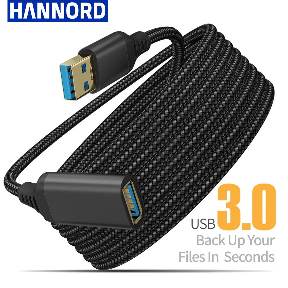 3,0-удлинитель USB (штекер)/USB (разъем) Hannord, 1/2/3/5 м, нейлоновая оплетка, высокая скорость передачи данных, для компьютеров, камер, принтеров