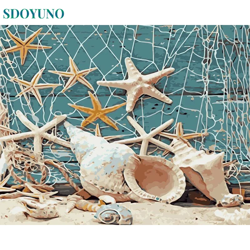 

SDOYUNO Diy Oil Painting By Number Shell Landscape Drawing Canvas HandPainted Art Coloring By Number Starfish Kits Home Decor