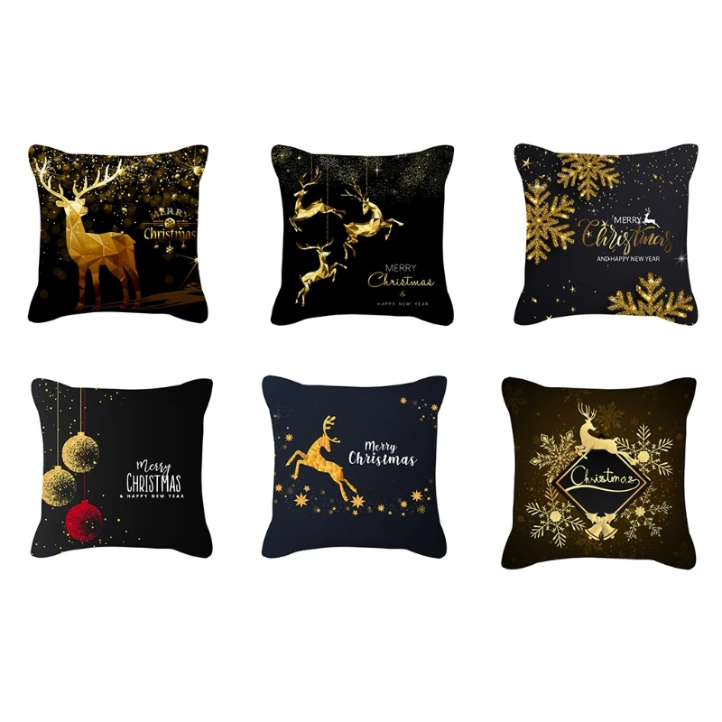 

Счастливого Рождества, черная Золотая декоративная подушка для чехла, праздничные снежинки, олени, буквы, принт, декоративная